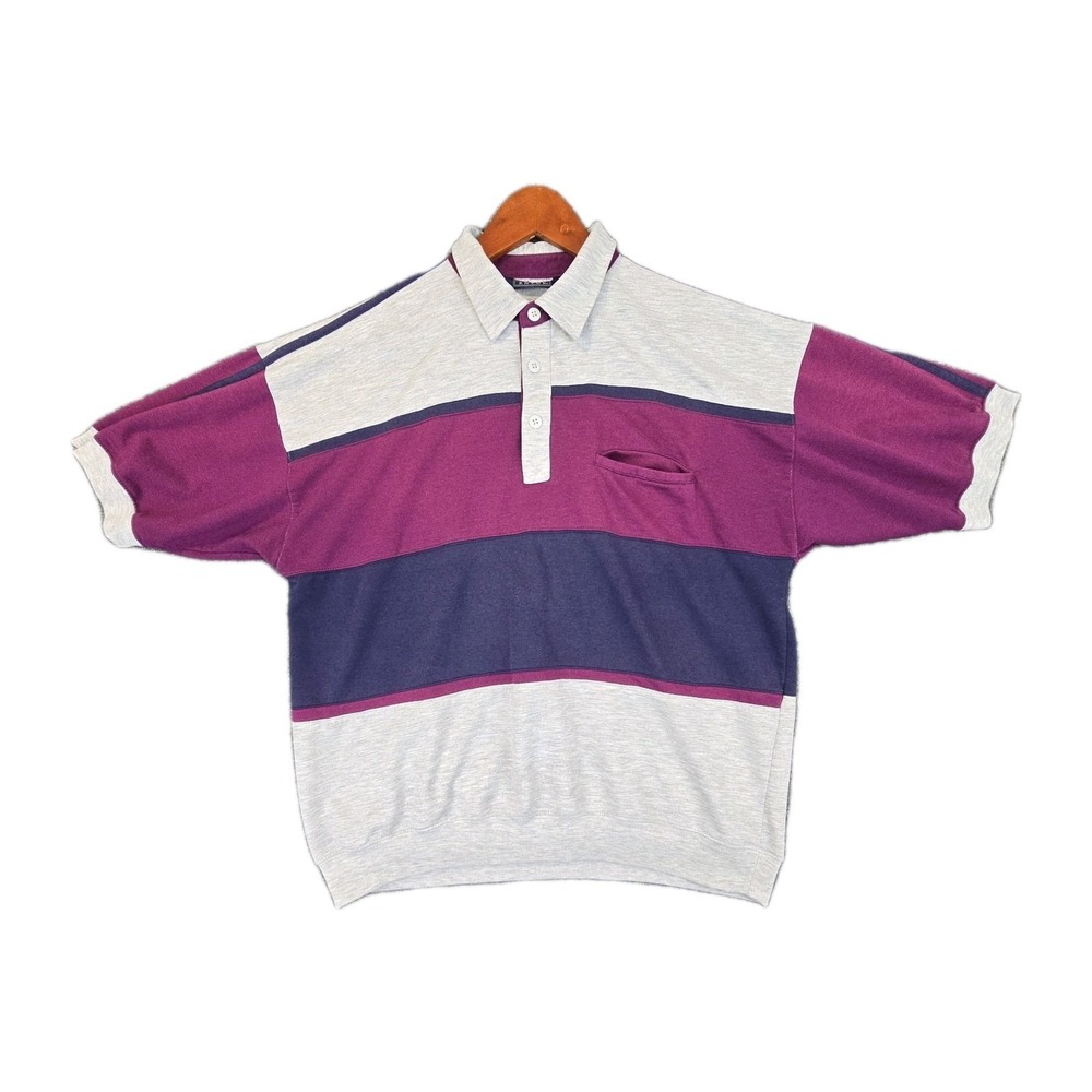 Vintage Envoy Striped Polo Shirt Men's‎ Size L Gray Purple Navy Blue 65/35
